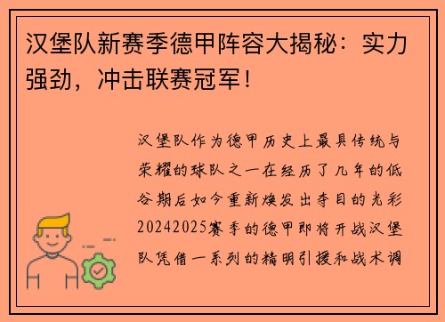 汉堡队新赛季德甲阵容大揭秘：实力强劲，冲击联赛冠军！